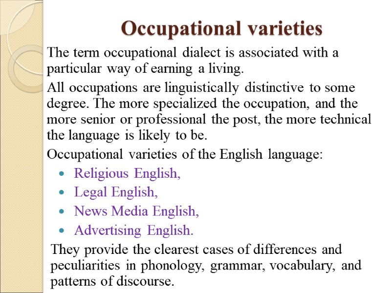 Occupational varieties The term occupational dialect is associated with a particular way of earning